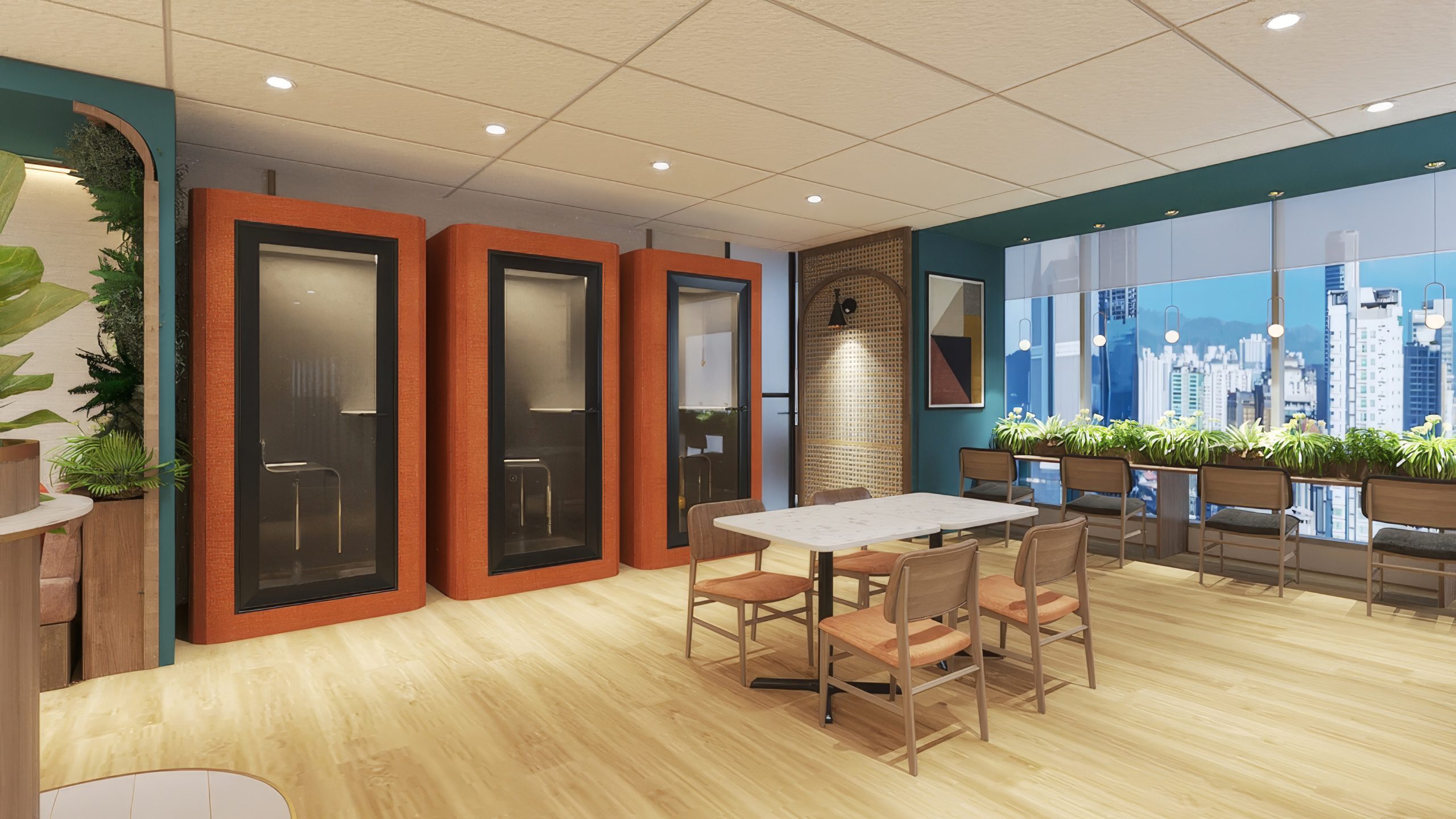 Interior of a soundproof phone booth at a WORQ coworking space