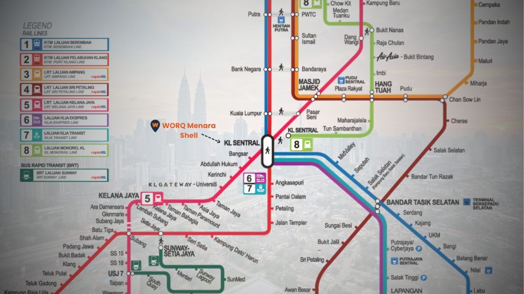 KL Sentral office location advantages transit map showing six rail lines and travel times to KLCC, Bangsar, Mid Valley, Cyberjaya, and KLIA.