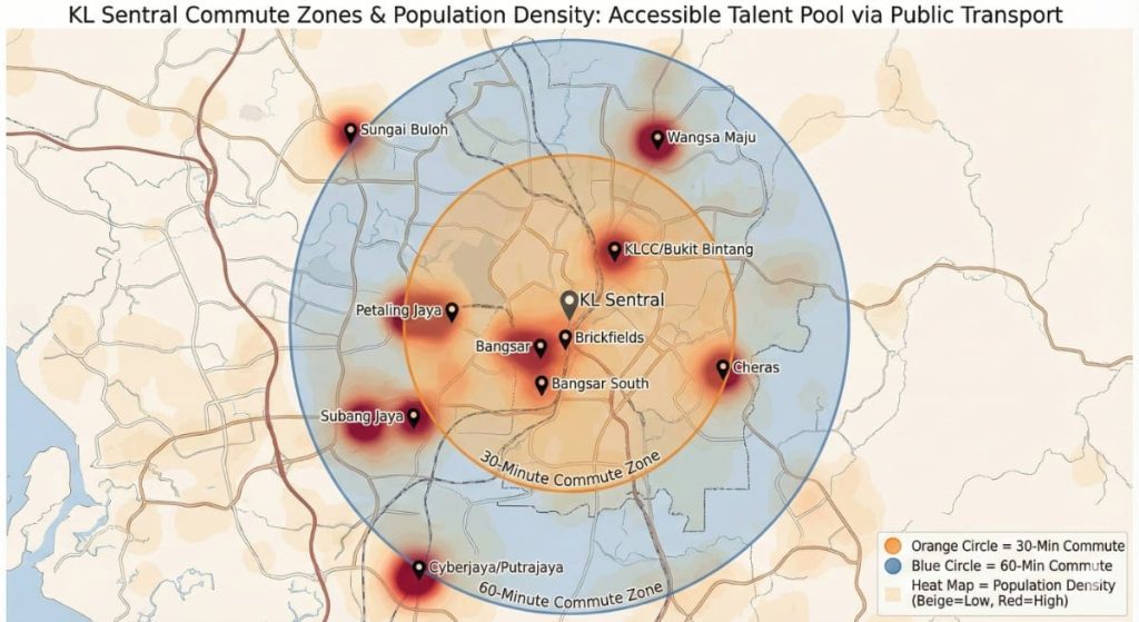 KL Sentral office location advantages talent catchment map with 30- and 60-minute public transport zones and key residential areas.