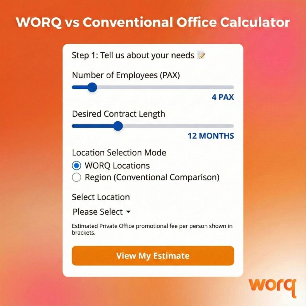 Flexible office solutions KL Sentral cost calculator graphic comparing traditional office and flexible workspace costs for different team sizes.