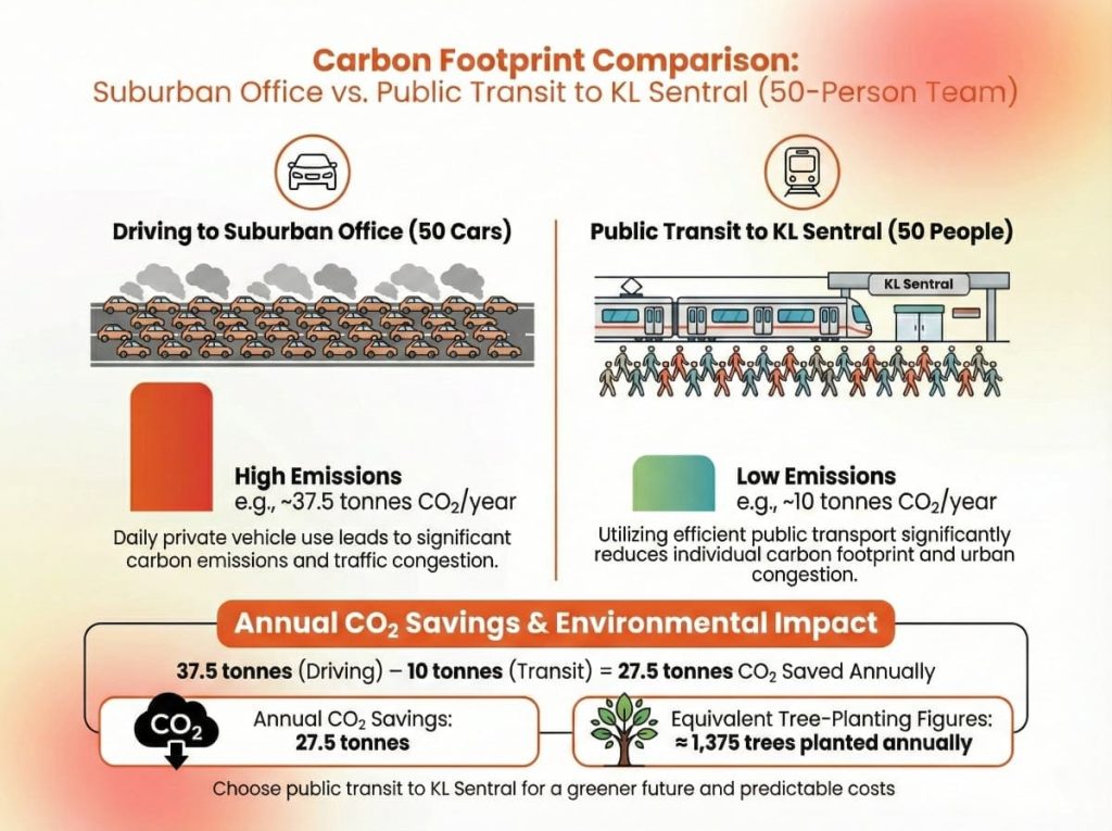 KL Sentral office location advantages sustainability infographic comparing CO2 emissions for driving to suburban offices versus using public transit to KL Sentral.
