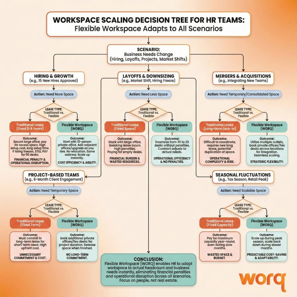 Flexible office solutions KL Sentral workspace scaling decision tree for HR showing how flexible offices adapt to hiring, downsizing, projects, and seasonal changes.