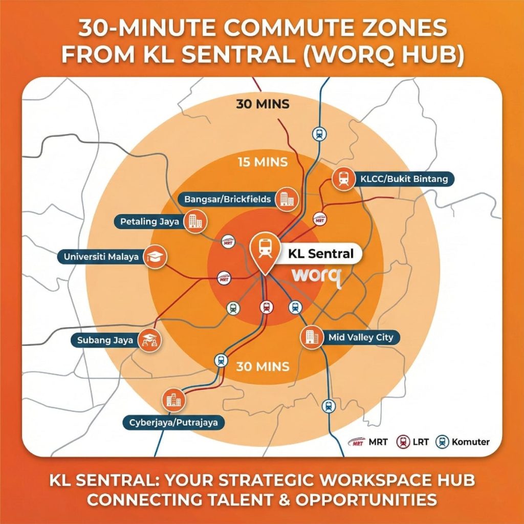 Coworking space KL Sentral commute map showing 30-minute travel zones by public transport and key neighborhoods and universities in the Klang Valley.