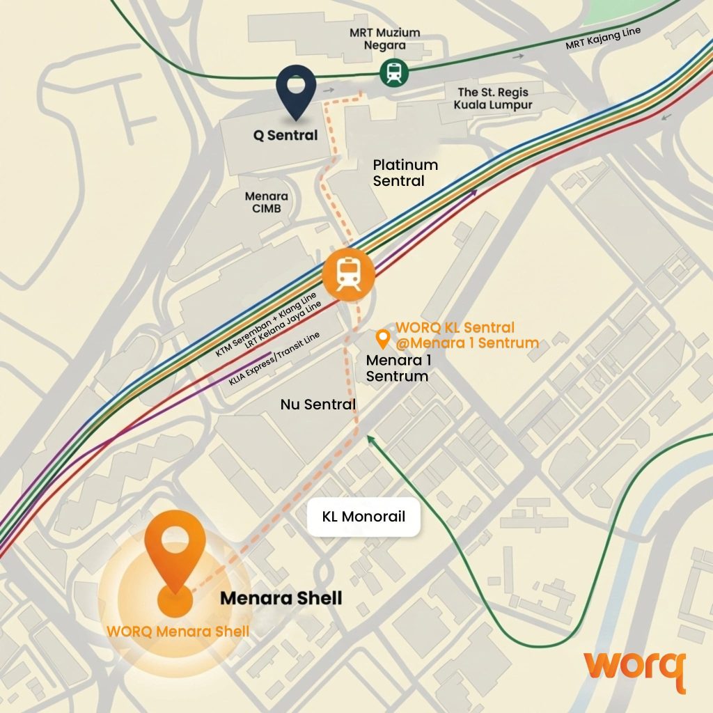 KL Sentral location map showing Menara Shell and Q Sentral proximity to MRT stations and rail connectivity