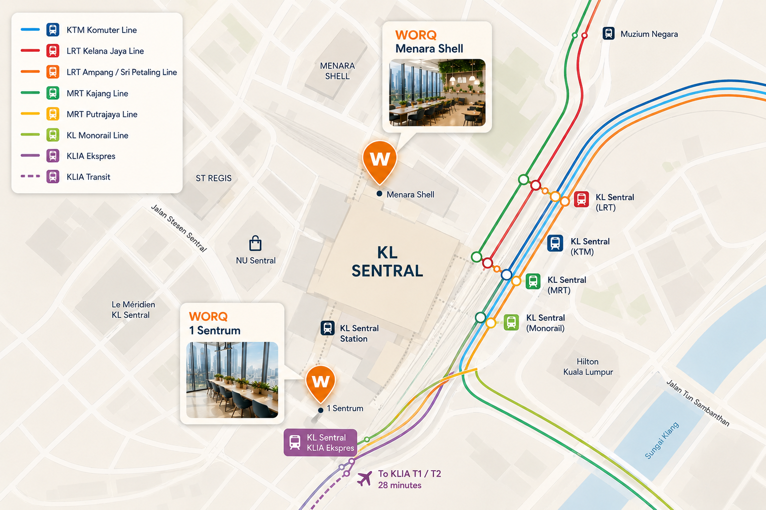 Map of WORQ 24-hour coworking outlets at KL Sentral overlaid on KTM, LRT, MRT, Monorail, and KLIA Ekspres transit lines