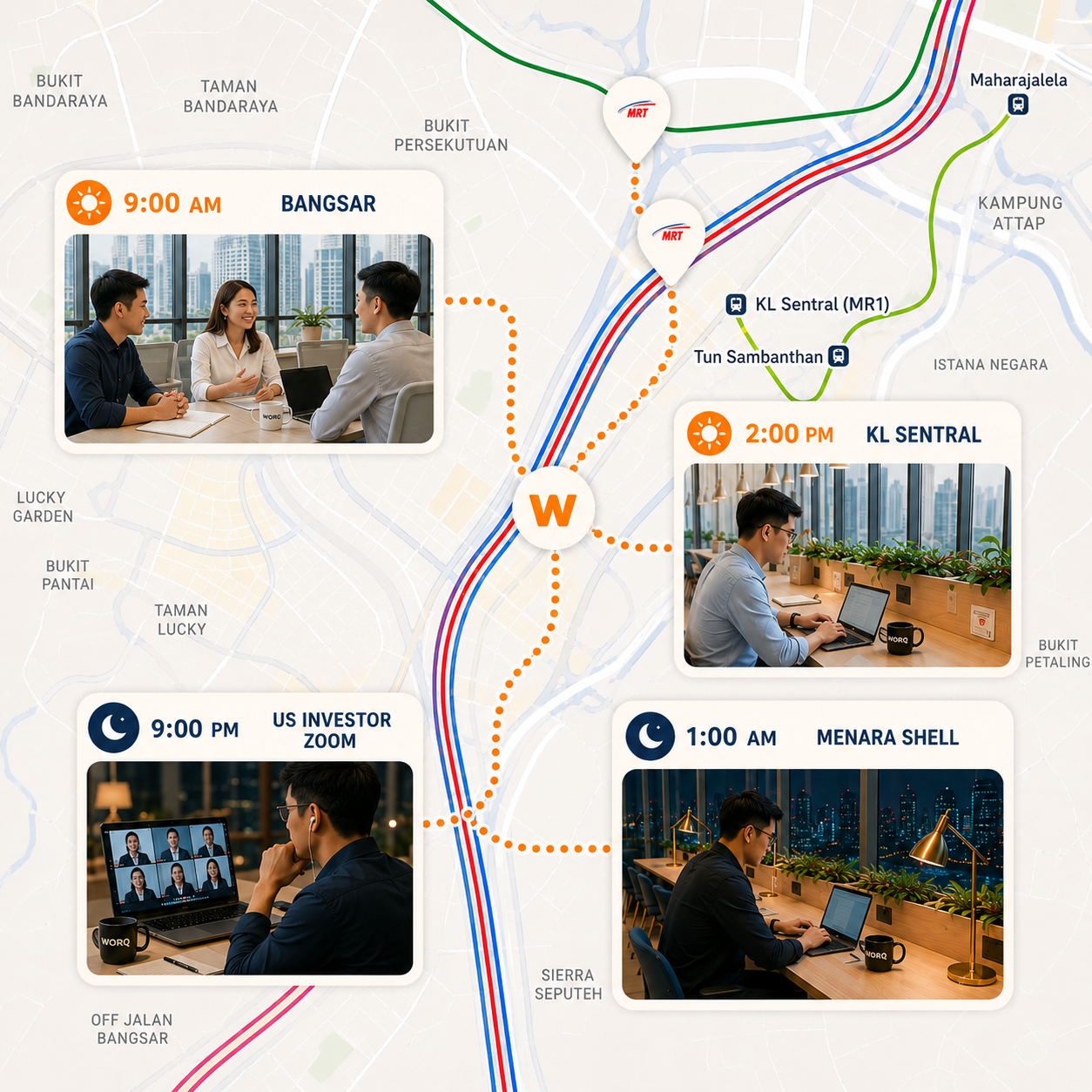 24-hour coworking in Kuala Lumpur with WORQ members working across multiple KL outlets day and night