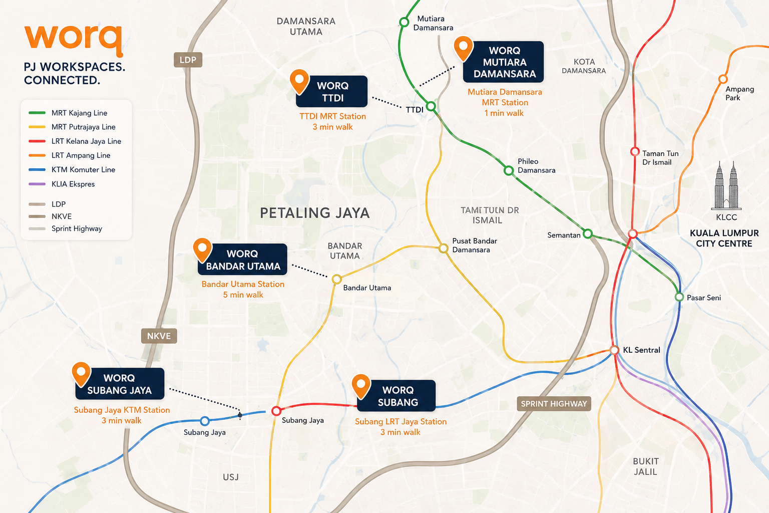 Map of WORQ 24-hour coworking outlets across Petaling Jaya overlaid on MRT, LRT, and highway lines