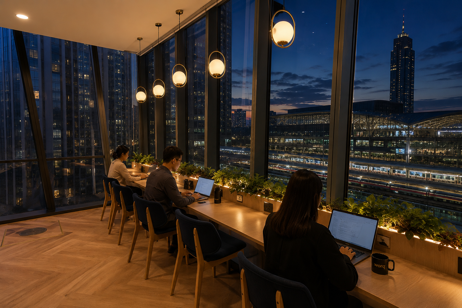 24-hour coworking space near KL Sentral at WORQ with members working after hours and KL Sentral transit hub view