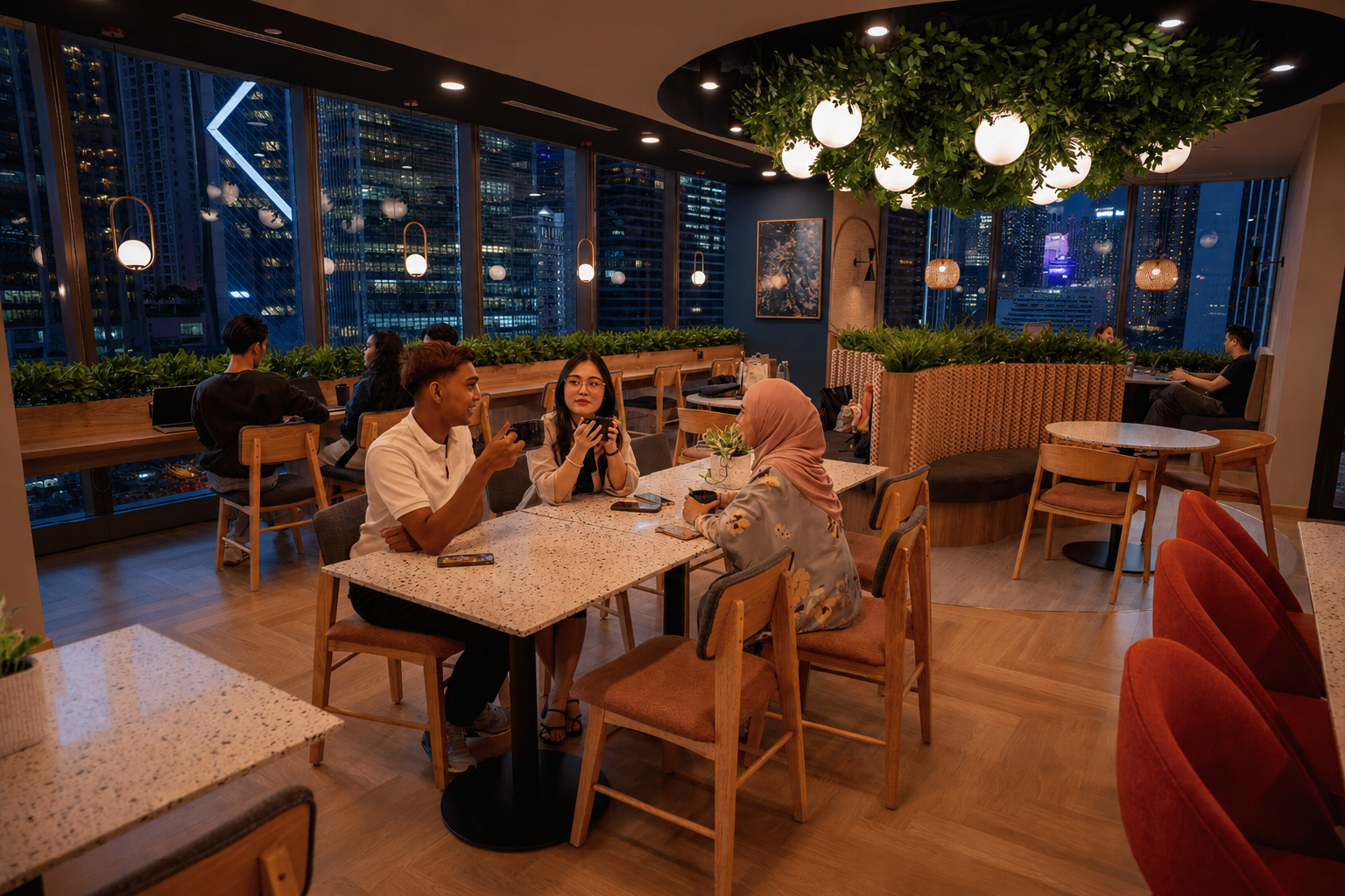 24-hour coworking space in Kuala Lumpur at WORQ with members working after hours and city skyline views