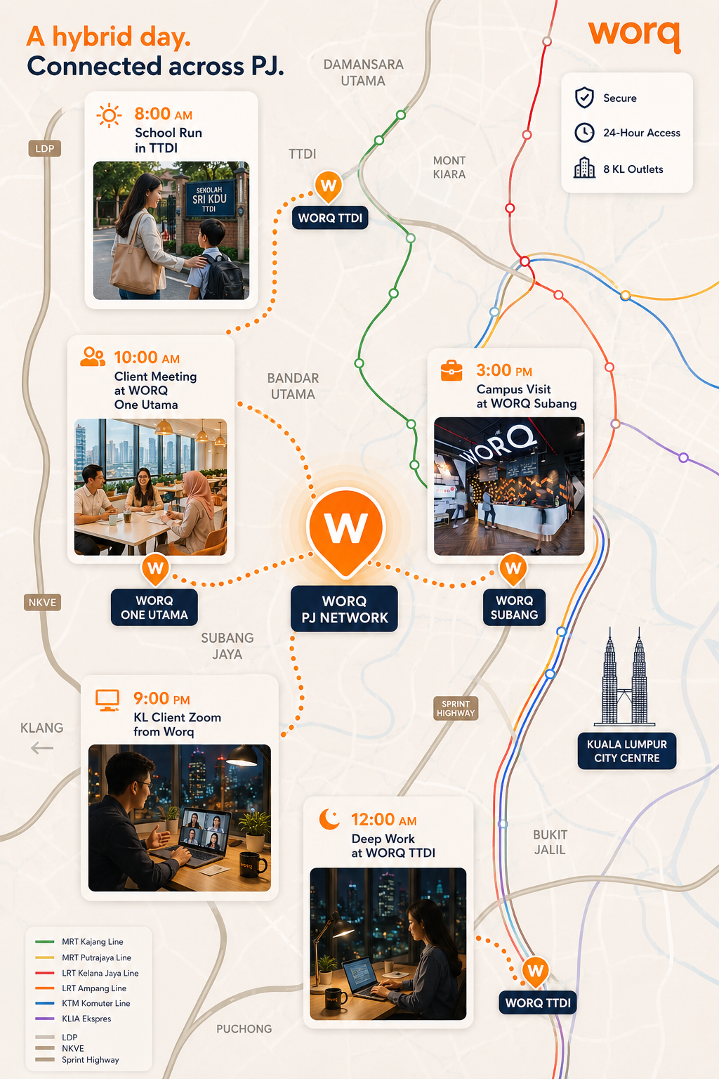 24-hour coworking in Petaling Jaya with WORQ members working across TTDI, Subang, Bandar Utama, and Mutiara Damansara outlets day and night