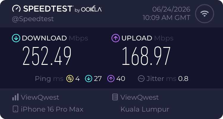 Speedtest result on WORQ member WiFi in Kuala Lumpur