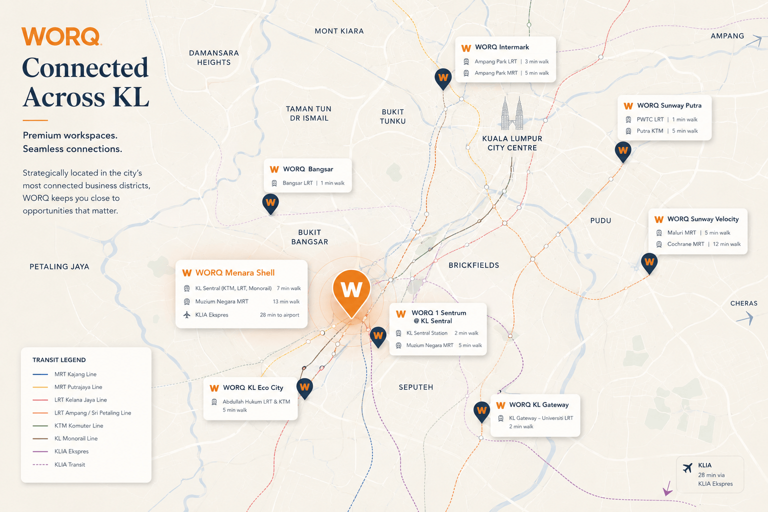 WORQ coworking locations near train stations across Kuala Lumpur
